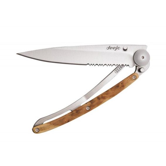 Ultralehký a minimalistický nůž Deejo Serration 37g Titan Juniper Wood s částečné zubatou čepelí
