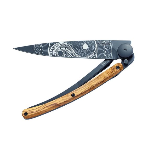 Ultralehký a minimalistický nůž Deejo Tattoo Black 37g Yin Yang Olive Wood